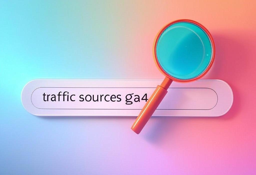 A search bar and a magnifying glass with a vivid gradient background exploring the topic of Traffic sources in GA4 revealed! Discover how to unlock hidden insights about your website visitors. Learn simple techniques to track where your traffic comes from and boost conversions fast.