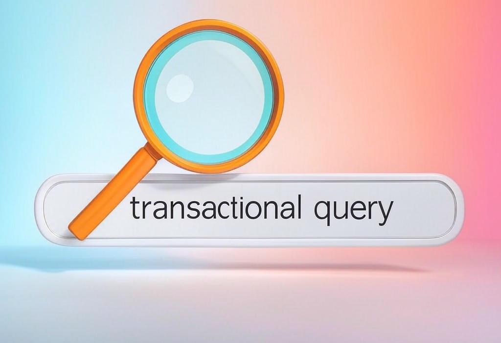 A search bar and a magnifying glass with a vivid gradient background exploring the topic of Transactional queries reveal shoppers ready to buy. Learn how to spot these high-value searches and turn them into sales with our simple guide to boosting your conversion rates.
