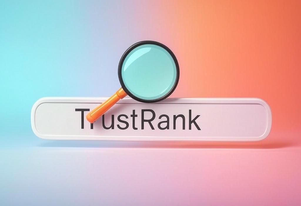A search bar and a magnifying glass with a vivid gradient background exploring the topic of TrustRank helps search engines identify quality sites from spammy ones. Learn how this algorithm can boost your website's authority and improve search rankings fast.