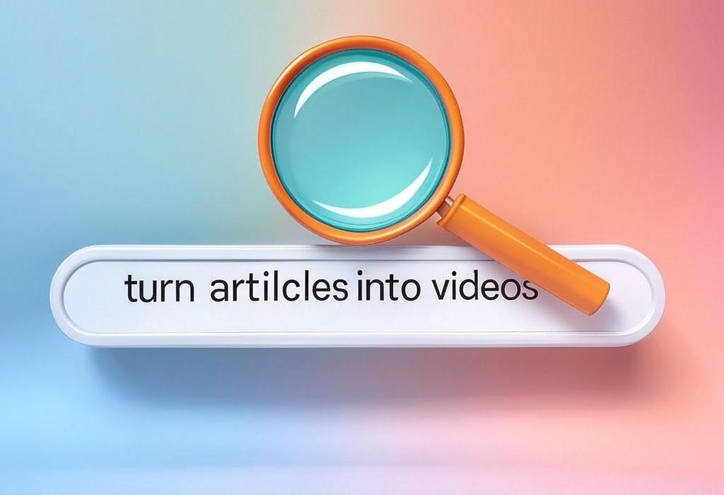 A search bar and a magnifying glass with a vivid gradient background exploring the topic of Turn articles into videos with our simple guide. Unlock more engagement, reach new audiences, and repurpose your content in minutes! Ready to boost your visibility?