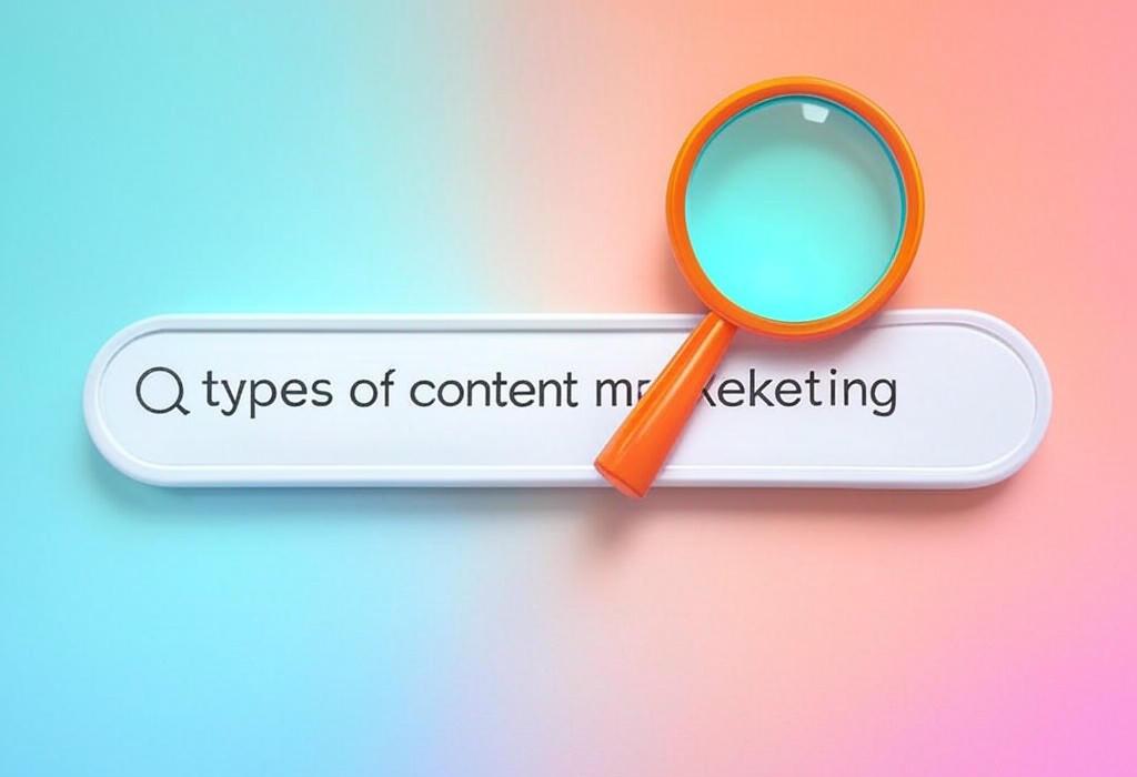 A search bar and a magnifying glass with a vivid gradient background exploring the topic of Types of content marketing that will transform your strategy! Discover powerful formats to engage your audience and boost conversions. Don't miss these game-changing tactics.