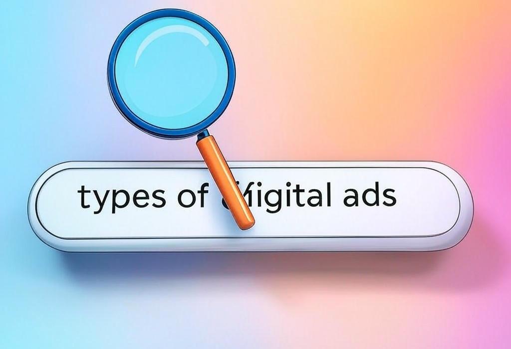 A search bar and a magnifying glass with a vivid gradient background exploring the topic of Types of digital ads decoded! Discover the most effective formats to skyrocket your online visibility and convert browsers into buyers. Don't waste another ad dollar!