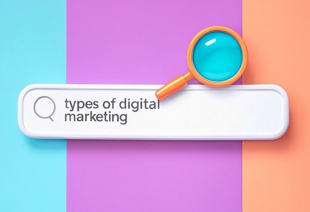 A search bar and a magnifying glass with a vivid gradient background exploring the topic of Types of digital marketing demystified! Discover how to skyrocket your online presence with these powerful strategies that the pros don't want you to know. Click to transform your business!