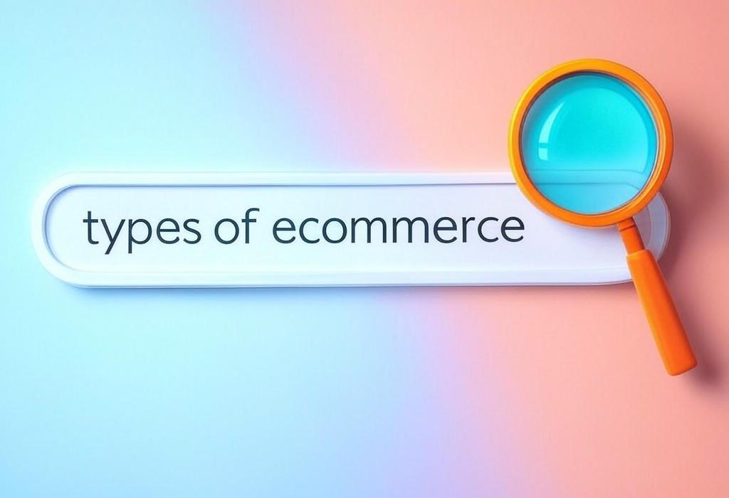 A search bar and a magnifying glass with a vivid gradient background exploring the topic of Types of ecommerce revealed: Discover the 6 business models that could transform your online sales strategy. Find out which one fits your goals & start selling smarter!