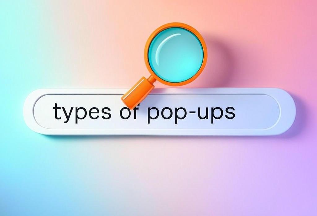 A search bar and a magnifying glass with a vivid gradient background exploring the topic of Discover the essential types of pop-ups that can skyrocket your conversion rates. Learn which ones work best, when to use them, and how they can transform your website's performance!