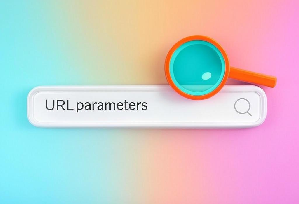 A search bar and a magnifying glass with a vivid gradient background exploring the topic of URL parameters decoded: Uncover the hidden power behind those strange symbols in your web address. Master them to boost tracking, filtering, and site navigation.