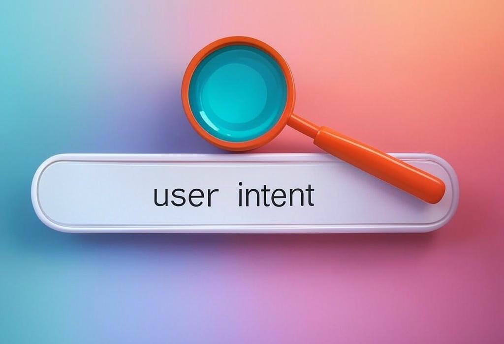 A search bar and a magnifying glass with a vivid gradient background exploring the topic of User intent drives search success! Understand what people really want when they search, and give them exactly that. Boost your SEO and keep visitors happy with our expert guide.