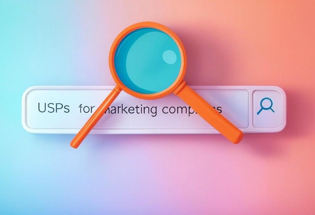 A search bar and a magnifying glass with a vivid gradient background exploring the topic of USPs for marketing companies can make or break your business. Discover 10 surprising strategies that set successful agencies apart and learn how to craft your own winning edge.