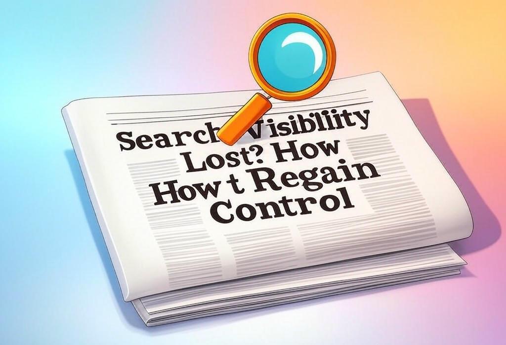 A newspaper and a magnifying glass with a vivid gradient background exploring the topic of Regain control of your search visibility! Is your site practically invisible? Uncover powerful strategies to fight lost rankings and boost your online presence.