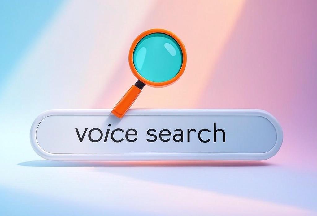 A search bar and a magnifying glass with a vivid gradient background exploring the topic of Voice search is changing how we find things online. Discover smart ways to optimize your content for spoken queries and get ahead of the competition while boosting your website traffic.