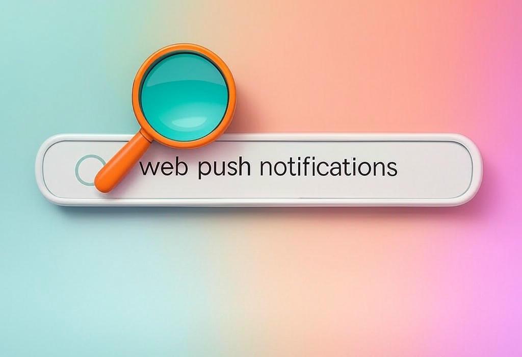 A search bar and a magnifying glass with a vivid gradient background exploring the topic of Web push notifications boost engagement without cluttering inboxes. Discover how these instant alerts can skyrocket your conversion rates and keep visitors coming back for more!