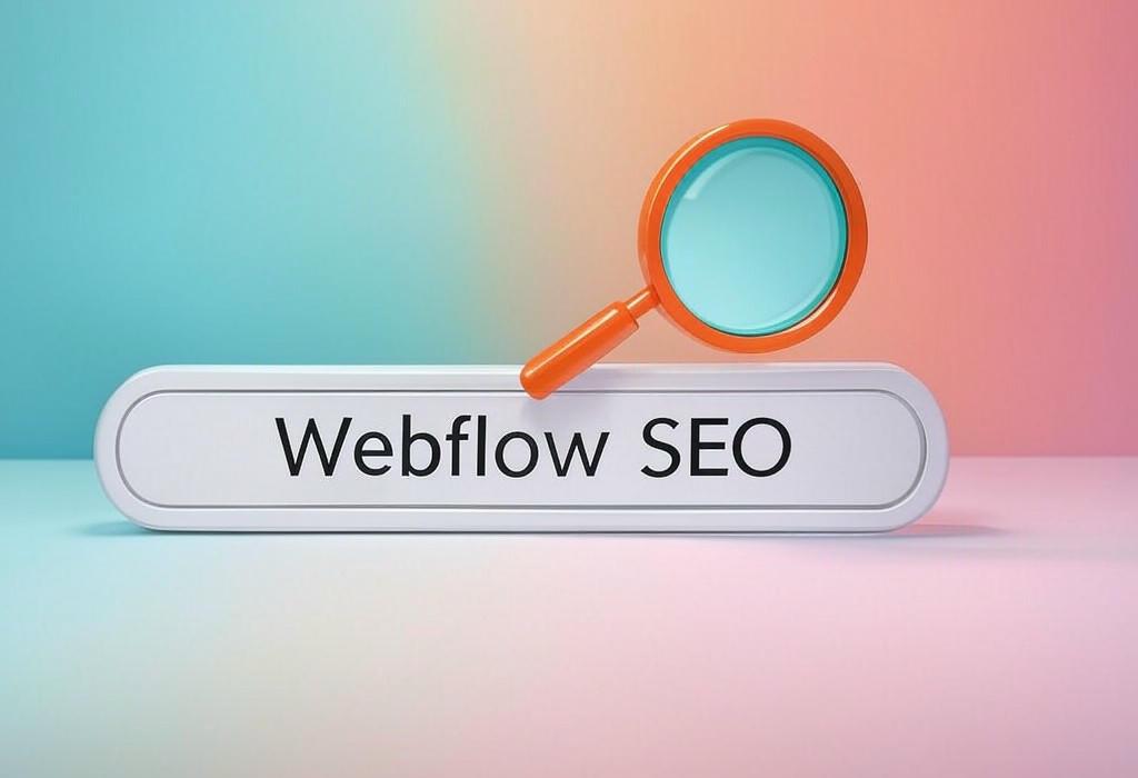 A search bar and a magnifying glass with a vivid gradient background exploring the topic of Webflow SEO: Unlock your website's hidden potential with our proven optimization strategies. Watch your site climb Google ranks while creating stunning designs that convert visitors into customers!