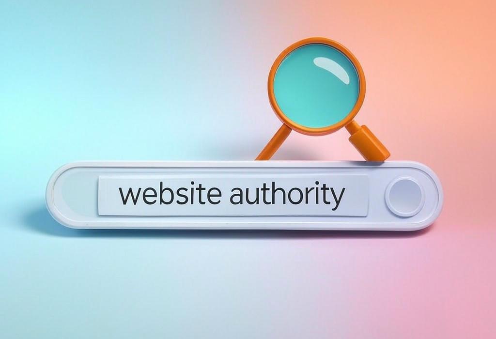 A search bar and a magnifying glass with a vivid gradient background exploring the topic of Website authority determines your site's ranking power. Discover how to boost your domain's trustworthiness and watch your SEO results soar above competitors in search results!