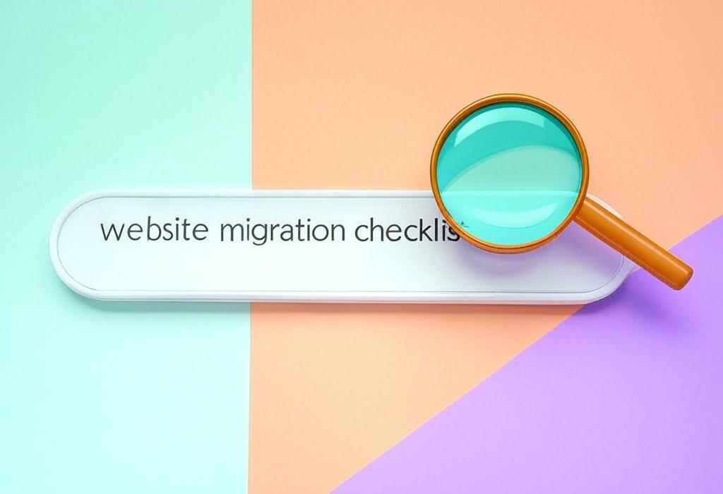 A search bar and a magnifying glass with a vivid gradient background exploring the topic of Our website migration checklist prevents costly mistakes! Avoid traffic drops, get our step-by-step guide to safely move your site while preserving SEO value and user experience.