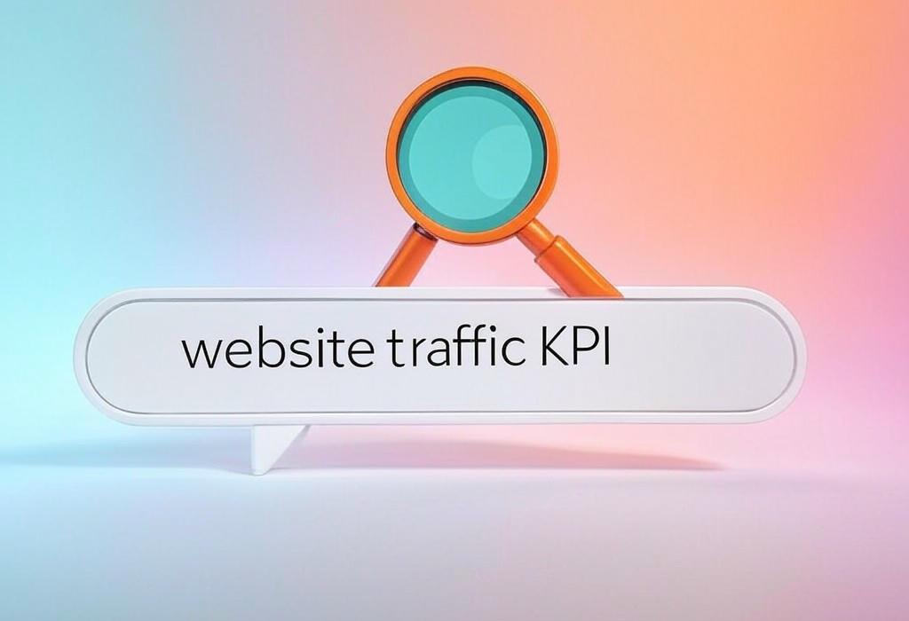 A search bar and a magnifying glass with a vivid gradient background exploring the topic of Website traffic KPI: Unlock the secret metrics that reveal if your visitors are helping or hurting your bottom line. Learn how to measure what truly matters!