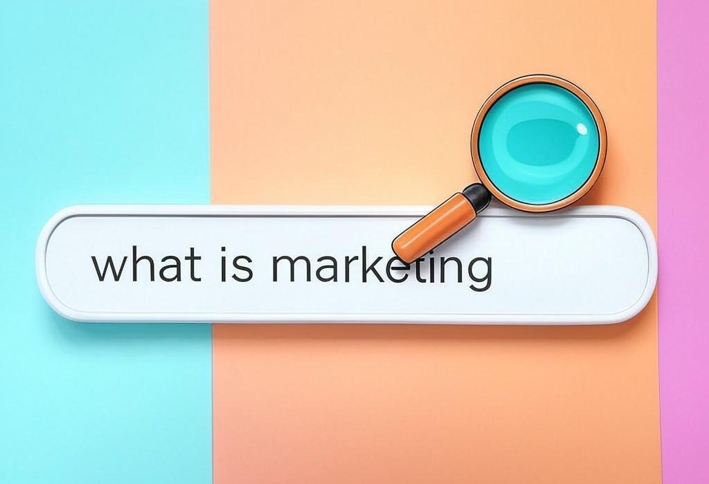 A search bar and a magnifying glass with a vivid gradient background exploring the topic of Marketing is all about connecting with customers and growing your business. Discover what marketing really means, its key principles, and how to create strategies that actually work. Click to learn more!