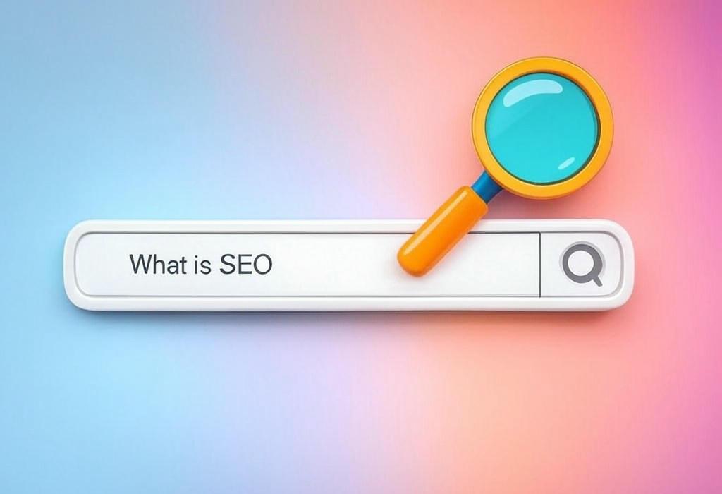 A search bar and a magnifying glass with a vivid gradient background exploring the topic of What is SEO? Unlock the secret sauce that powers your website visibility! Discover how search engine optimization can boost your traffic and transform your online presence in just minutes.