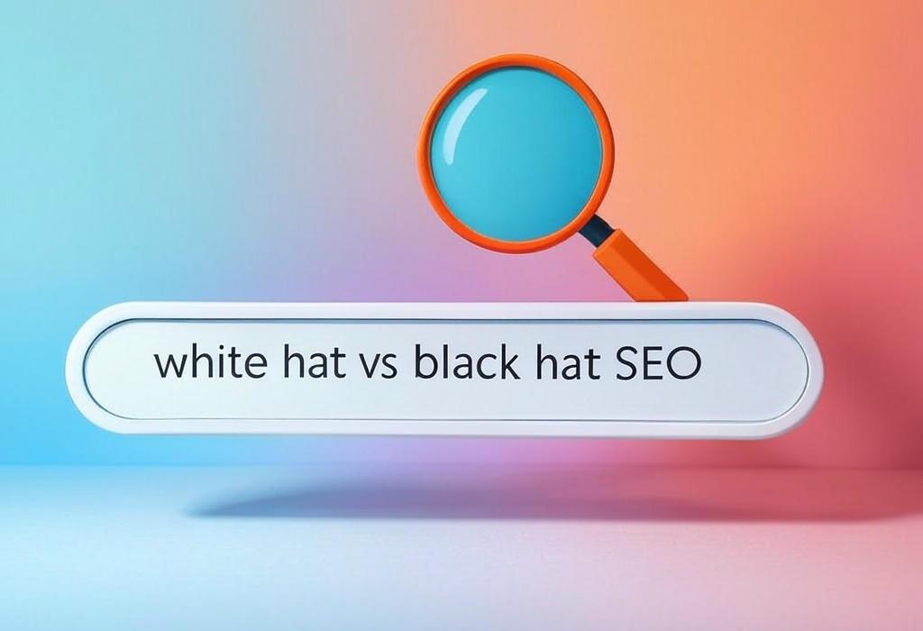 A search bar and a magnifying glass with a vivid gradient background exploring the topic of White hat vs black hat SEO: Discover the ethical battlefield of search optimization and learn which tactics will boost your rankings safely and which could get your site penalized.