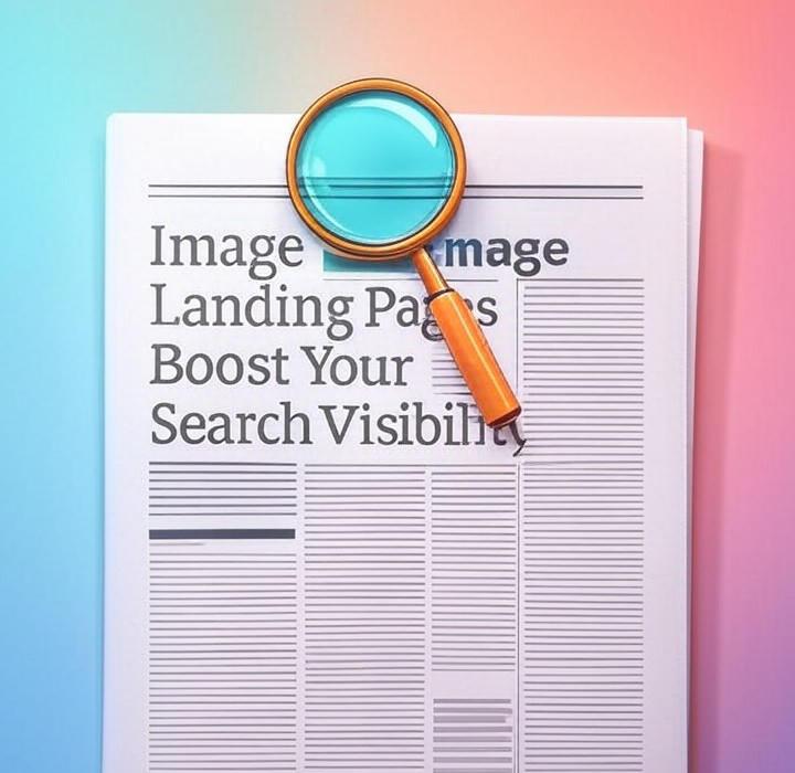 A newspaper and a magnifying glass with a vivid gradient background exploring the topic of Are your images just sitting on a page? Google says unique image landing pages can skyrocket your search visibility. Learn this simple SEO hack to get more traffic now.