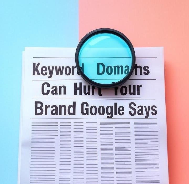 A newspaper and a magnifying glass with a vivid gradient background exploring the topic of Is your generic keyword domain a big mistake? Google just sent a clear warning. Learn why a branded domain builds more trust and gets better long term results.