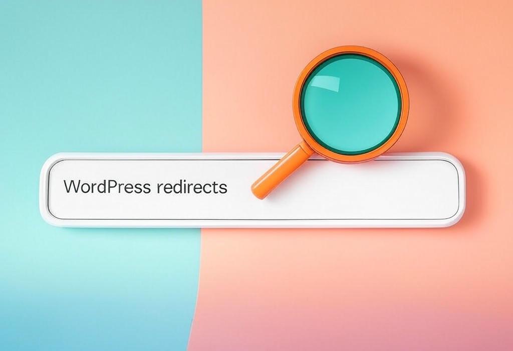 A search bar and a magnifying glass with a vivid gradient background exploring the topic of WordPress redirects made simple: Learn how to guide visitors to the right pages, fix broken links, and boost your SEO rankings without ever touching code. No plugin needed!