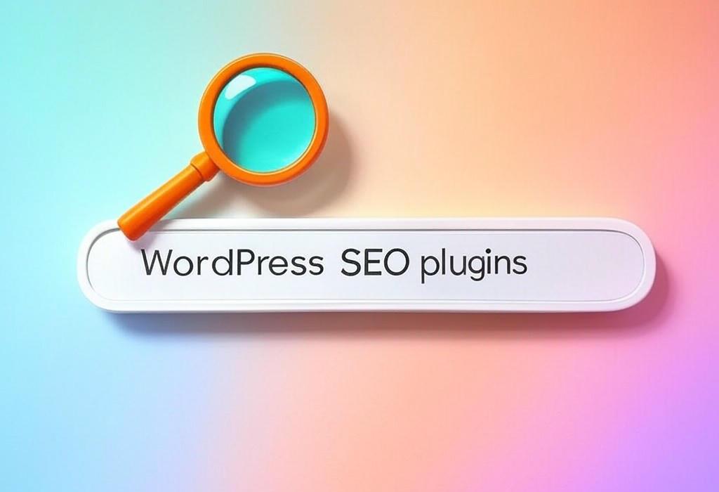 A search bar and a magnifying glass with a vivid gradient background exploring the topic of WordPress SEO plugins that boost your rankings with minimal effort. Discover the essential tools top bloggers use to drive massive traffic and outrank competitors. Start dominating search results!