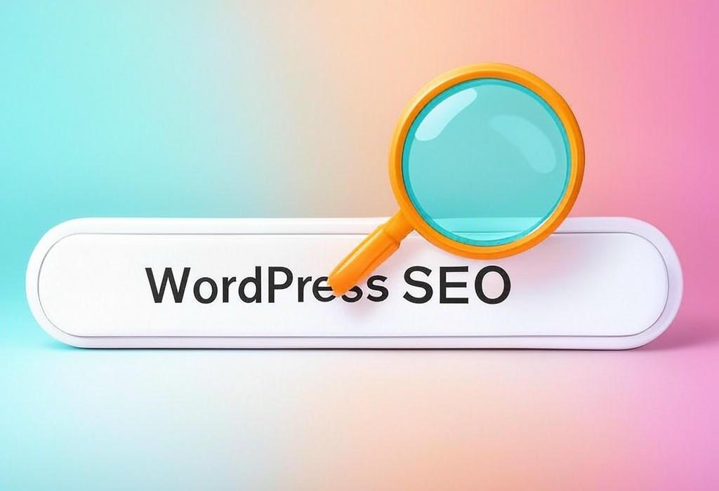 A search bar and a magnifying glass with a vivid gradient background exploring the topic of WordPress SEO made simple: Unlock hidden tricks to boost your rankings, drive more traffic, and outshine competitors without spending a dime. Your path to organic growth starts here!