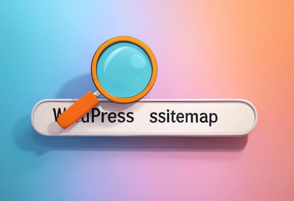A search bar and a magnifying glass with a vivid gradient background exploring the topic of WordPress sitemap creation made simple! Discover how to boost SEO rankings, improve site navigation, and help search engines find all your content. Get more traffic with this essential tool.