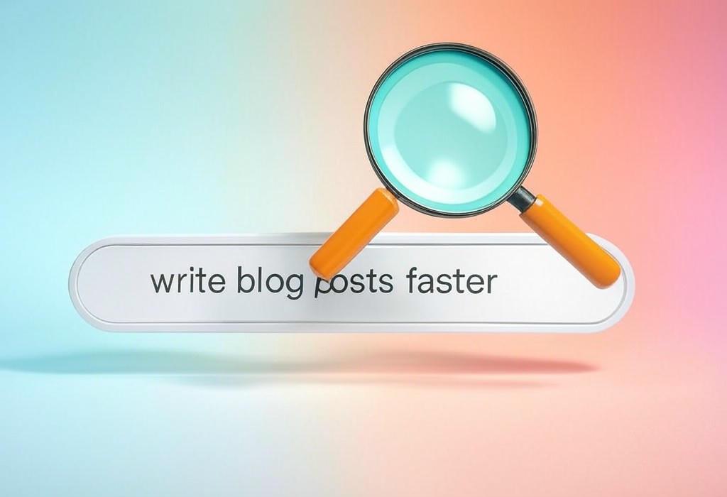 A search bar and a magnifying glass with a vivid gradient background exploring the topic of Write blog posts faster with proven strategies that slash your writing time in half! Discover insider tricks and tools that transform your workflow without sacrificing quality.