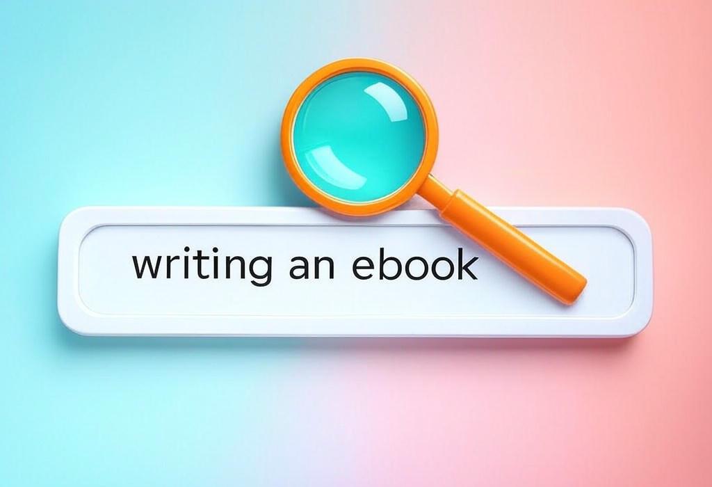 A search bar and a magnifying glass with a vivid gradient background exploring the topic of Writing an ebook doesn't have to be overwhelming! Learn the secrets to crafting a compelling digital book that readers can't put down. Get our free template and start publishing today.