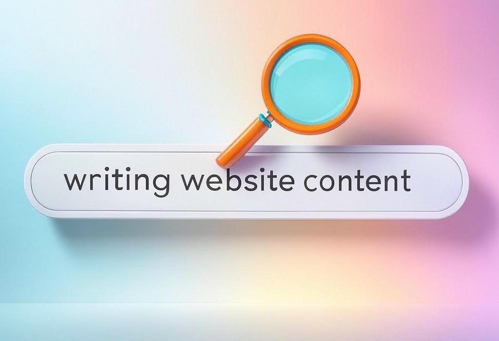 A search bar and a magnifying glass with a vivid gradient background exploring the topic of Writing website content just got easier! Discover pro tips to create engaging, SEO-friendly pages that convert visitors into customers. Stop struggling with bland text and start creating content that works!