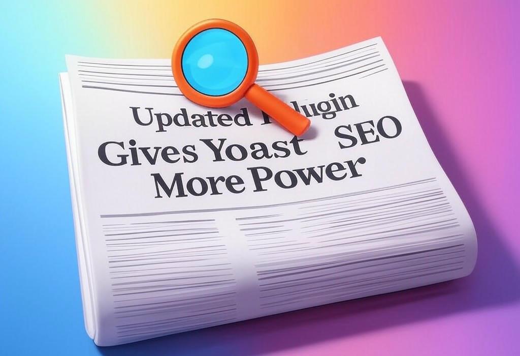 A newspaper and a magnifying glass with a vivid gradient background exploring the topic of Supercharge Yoast SEO with this updated WordPress plugin! It adds surprising new features to boost your rankings. Find out what you have been missing.